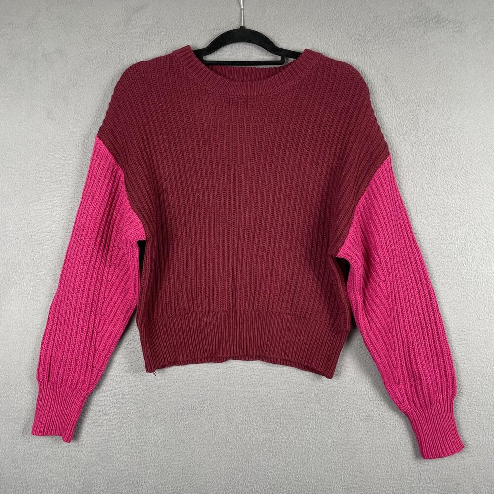 A New Day Sweater Womens Medium Burgundy Pink Colorblock Crewneck Knit Pullover